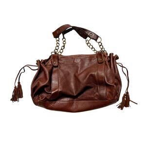 Gerard Darel Oversized Brown Lambskin Leather Shoulder Bag with Chain Handles